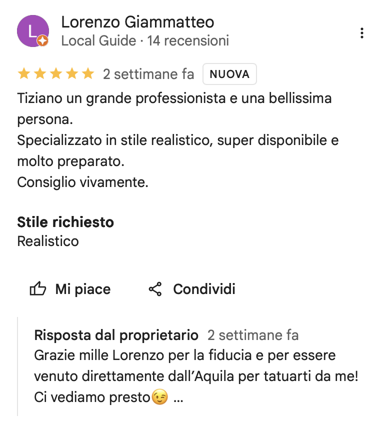Recensione Google di Lorenzo Giammatteo a Tiziano Novelli