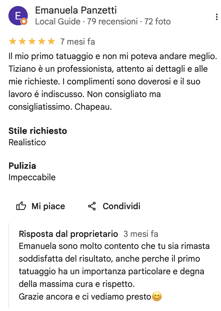 Recensione Google di Emanuela Panzetti a Tiziano Novelli